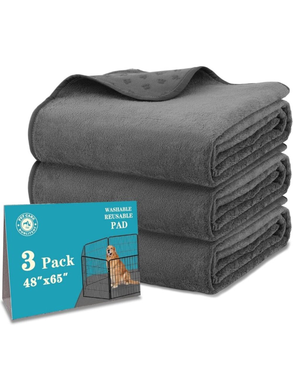 Washable Dog Pee Pads, 65''x48'', 3-Pack, Quick-Dry, Absorbent, Grey Color